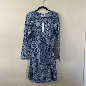 New Parker Blue Animal Print Ruched Long Sleeve Knee Length Dress XL 14